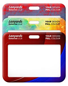 Horizontal plastic ID badge holder with custom full-colour printing. Personalised with text or design of your choice